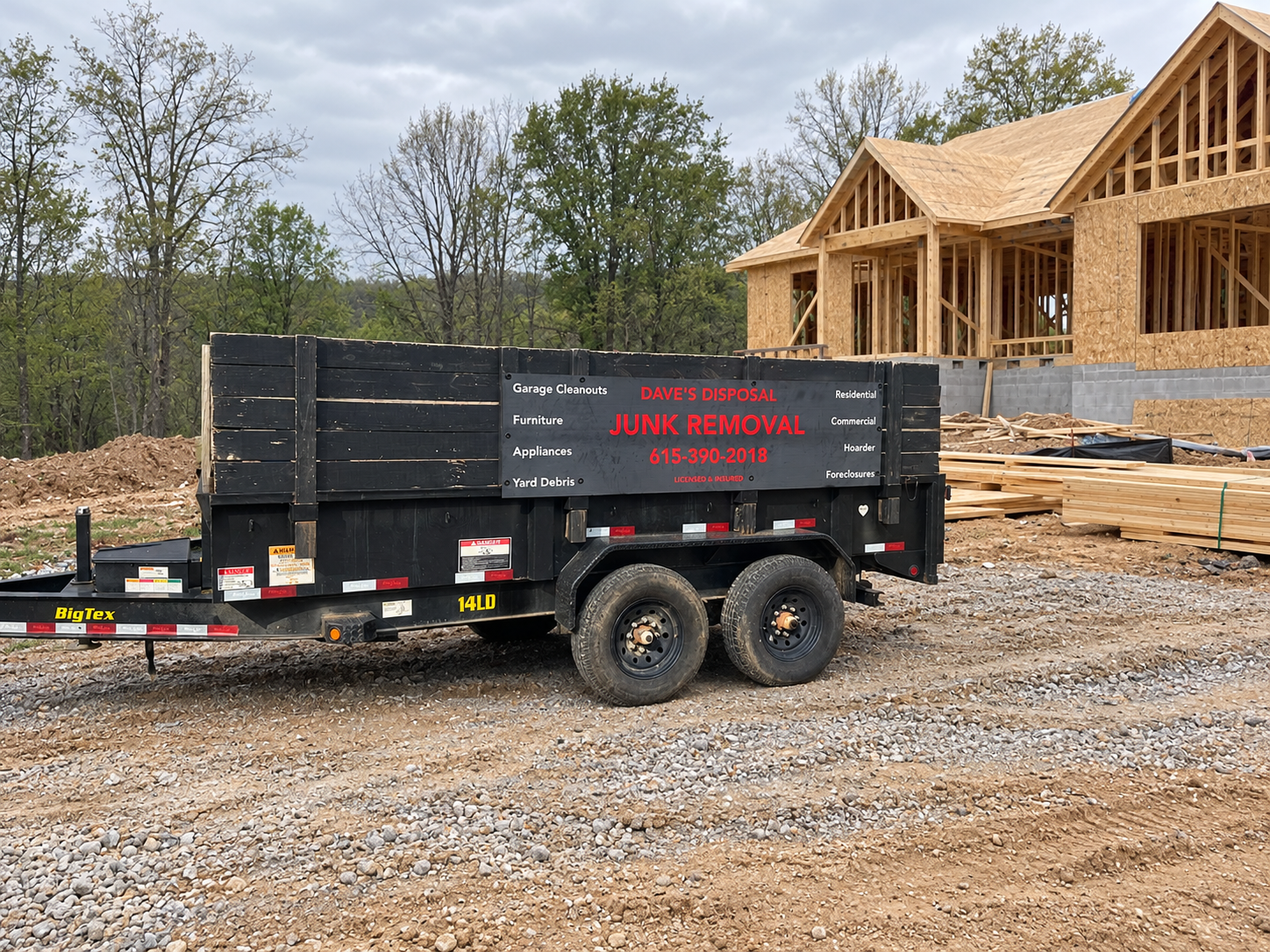 Dave’s Disposal 14-yard dumpster trailer in a construction-site photo illustration