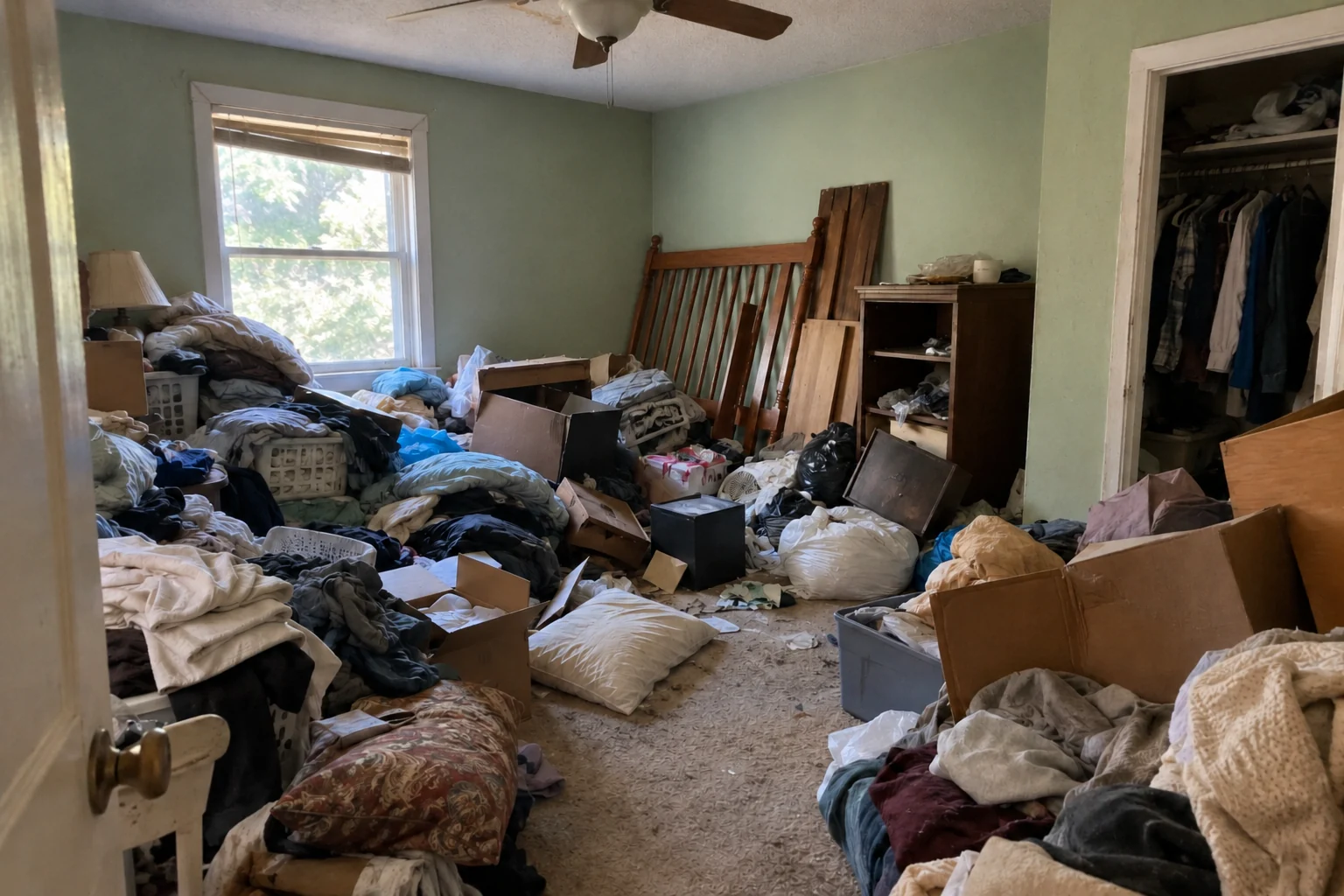 Illustrative bedroom filled with clothing, boxes and unwanted furniture