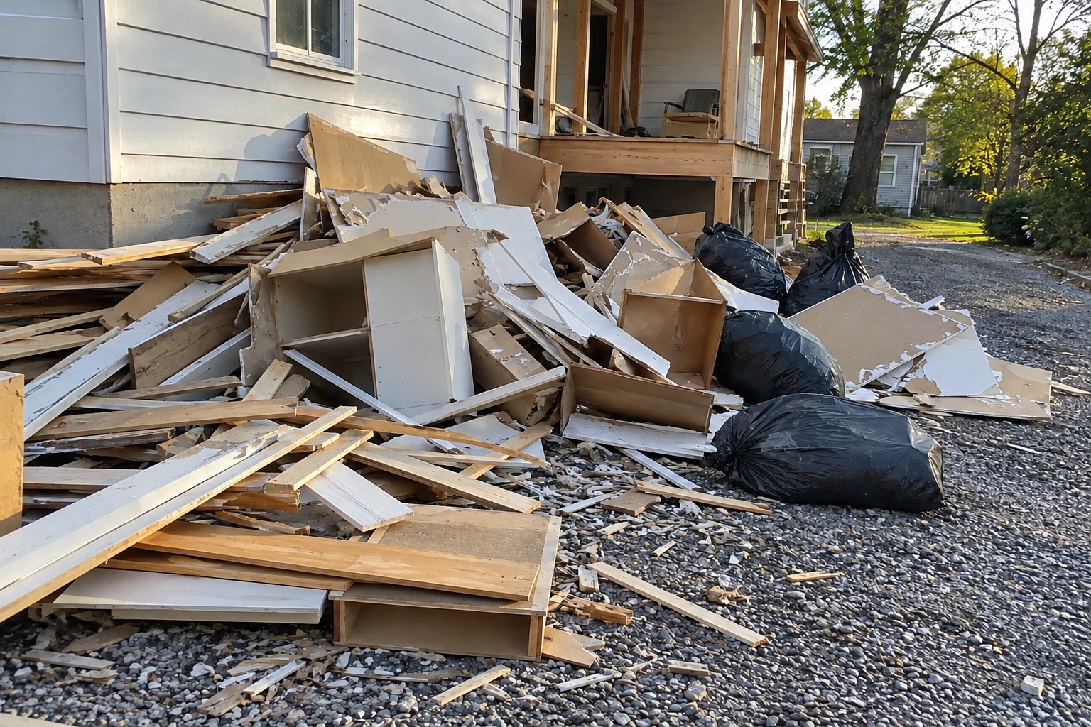 Illustrative renovation cleanup with wood, drywall and bagged debris